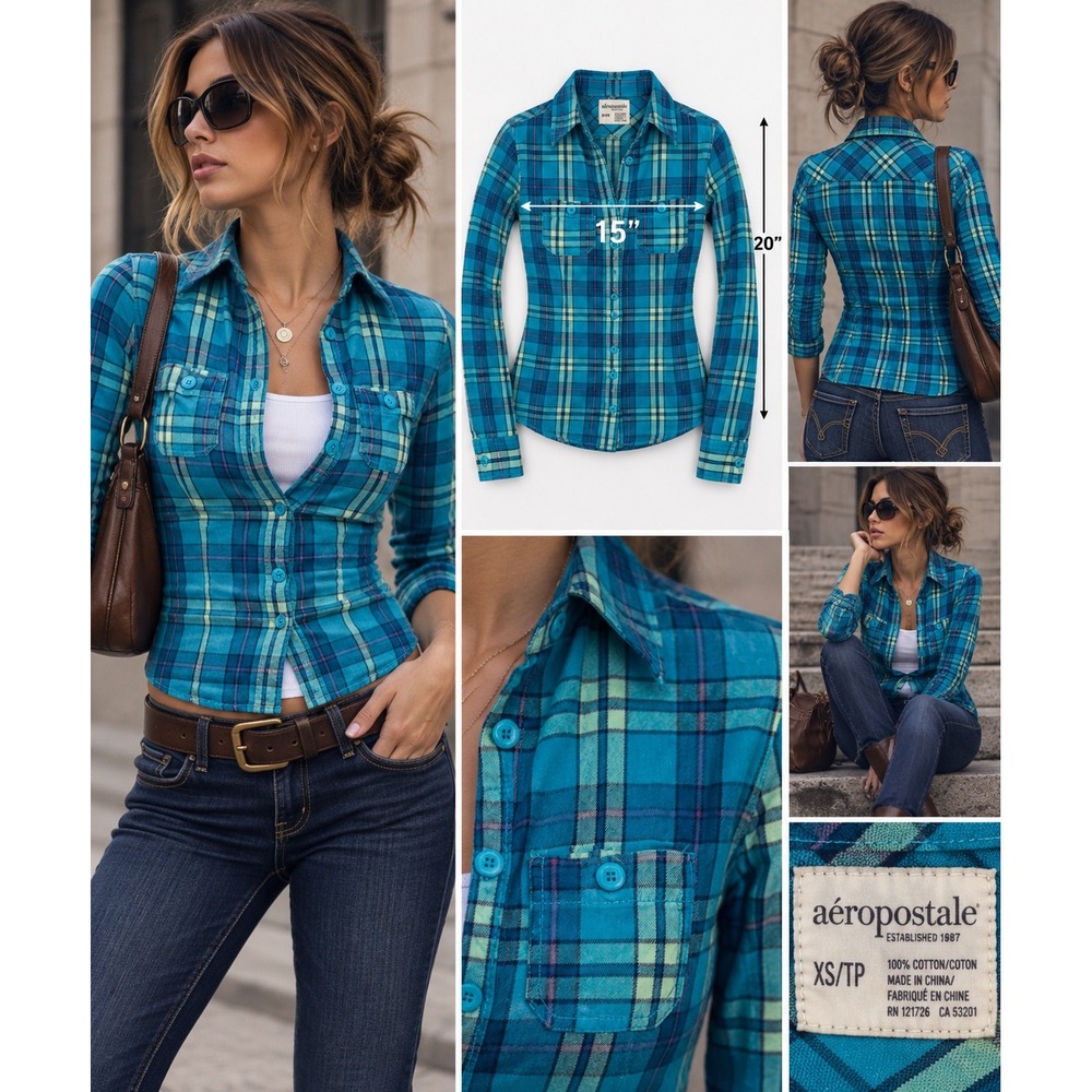 Aeropostale 2011 Womens XS Teal Plaid Fitted Shirt Y2K Tumblr Indie Sleaze
